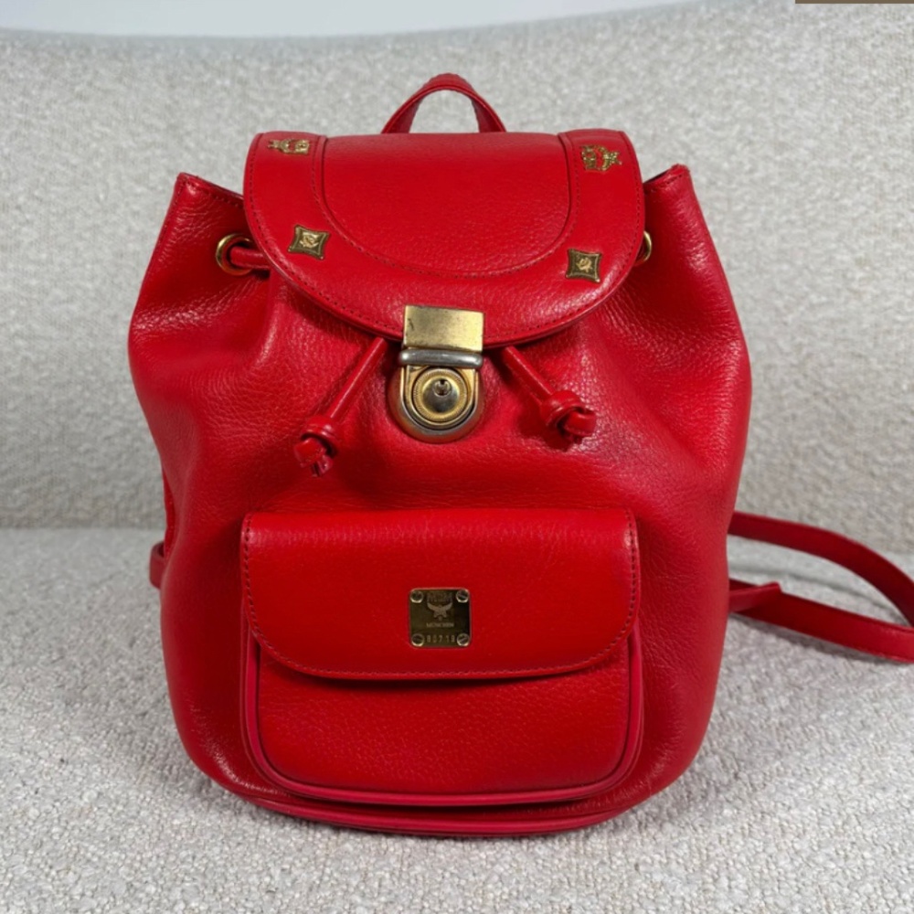 Authentic MCM Red Leather Studded Drawstring Backpack